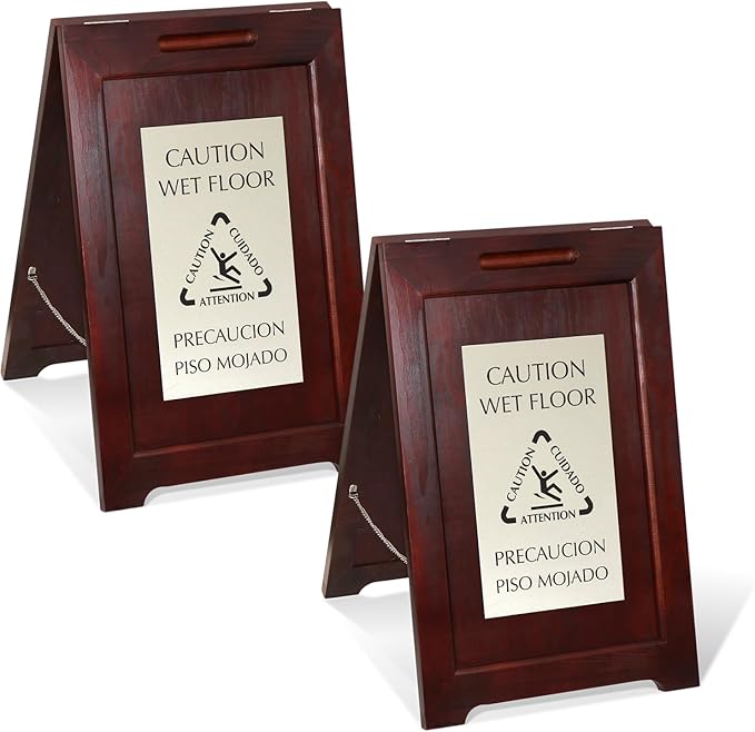 SmartSign (2-Pack) Premium Bilingual 'Caution Wet Floor' Wooden A-Frame Standing Floor Sign, 2-Sided, 24" x 15", Hardwood Pine Frame, 120 mil Silver ACM Sign, Black on Silver, USA-Made