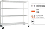 Trinity Basics 4-Tier Adjustable Wire Shelving with Wheels for Kitchen Organization, Garage Storage, Laundry Room, NSF Certified, 600 to 1800 Pound Capacity, 60” by 24” by 54”, EcoStorage Chrome