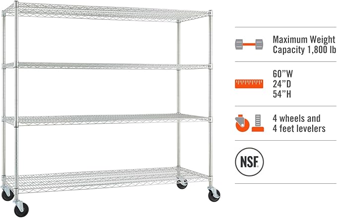 Trinity Basics 4-Tier Adjustable Wire Shelving with Wheels for Kitchen Organization, Garage Storage, Laundry Room, NSF Certified, 600 to 1800 Pound Capacity, 60” by 24” by 54”, EcoStorage Chrome