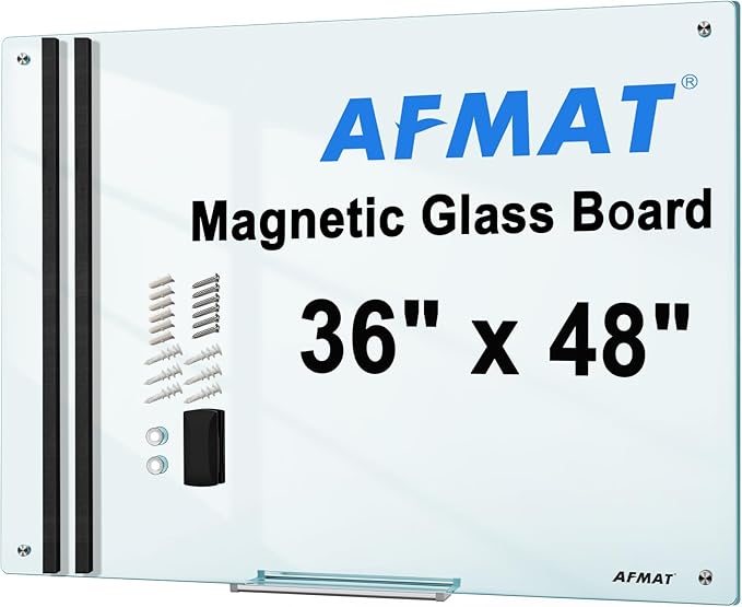 AFMAT Magnetic Glass Whiteboard, 48" x 36" Glass Dry Erase Board, 4mm Tempered Glass w/Strong Magnetic Surface, Large White Board for Wall, Frameless Wall Mounted White Board for Office Home School