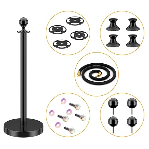 LOVMOR Stainless Steel Stanchion Post, 5 FT Black Carpet Ropes, Stanchion Post with Ball Top, Hollow Base and Velvet Ropes Safety Barriers Set for Party