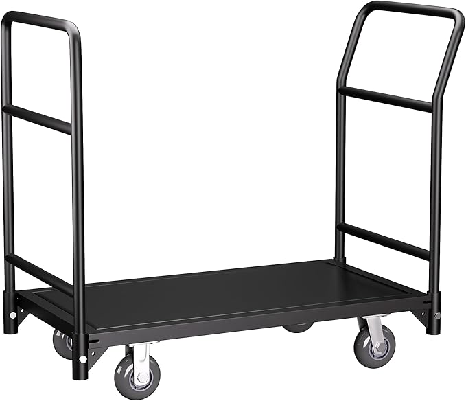 Platform Truck Cart, 37.2"x31"x45.6" Heavy Duty Push Cart Dolly, 2100lbs Capacity Flatbed Carts with Front Handle and Rear Guardrail, Industrial Carts for Warehouse and Garage, Black