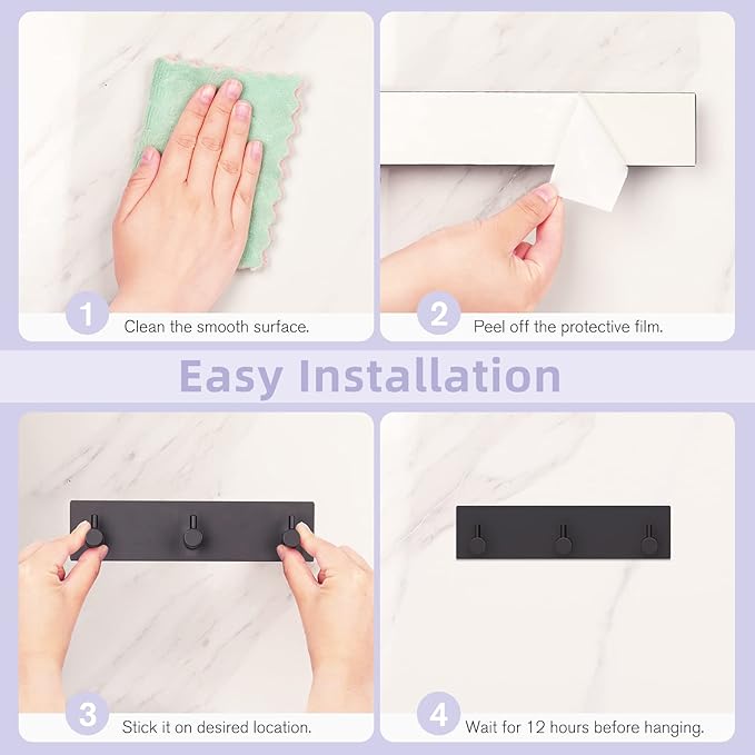 VIS'V Key Holder Wall Mount, Small Metal Self Adhesive Key Hanger with 3 Hooks, No Drilling, Extra Adhesive Strip, Black