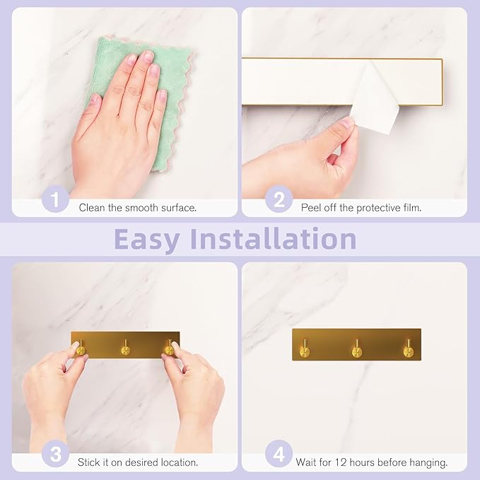 VIS'V Key Holder Wall Mount, Small Metal Self Adhesive Key Hanger with 3 Hooks, No Drilling, Extra Adhesive Strip, Gold