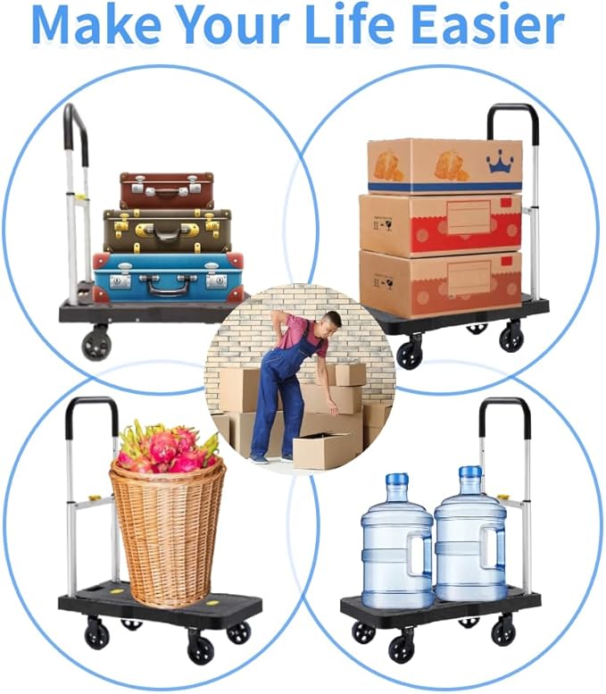 Upgrade Heavy Duty Folding Dolly Cart with Wheels, 330Lb Portable Push Cart, Adjustable Handle for Luggage, Moving, Travel, Shopping & Office Use