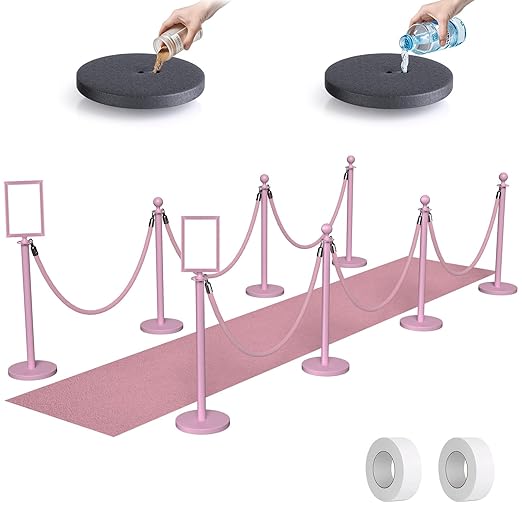 kaiyomi 8Pcs Stanchions Posts Velvet Ropes with Pink Carpet and Sign Frame, Water or Sand-Fillable Base, Suitable for 8.5" x 11" A4 Paper Size Sign Frame for Pink Carpet Party Decoration (Pink)