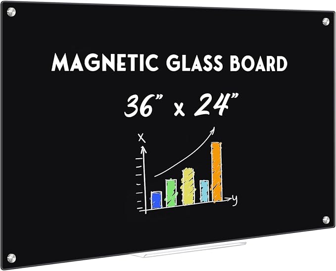 Black Dry Erase Board, 36" x 24" Magnetic Glass Whiteboard for Wall, Black Glass White Board with 1 Marker Tray and 3 Magnets for Office, Home, Classroom