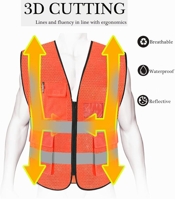 HYCOPROT High Visibility Mesh Safety Reflective Vest with Pockets and Zipper, Meets ANSI/ISEA Standards