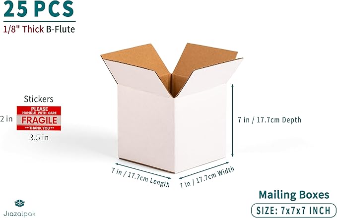 White 7x7x7 inches Shipping Boxes, Corrugated Cardboard 7x7 Box for Small Business Mailing, Packaging and Storing, 25 Pack