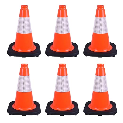 6 Pack 12" Orange PVC Safety Cones with Reflective Stripe, Black Base Stackable Training Cones for Soccer, Sports Drills, Gym, and Indoor or Outdoor Activities (6, Orange, 12 Inch)