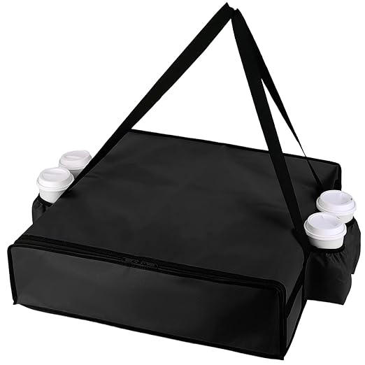 Insulated Pizza Delivery Bag with 4 Cup Holders, 24" x 6" Pizza Warmer Bag for Hot Pizza/Drinks, Pizza Carrier for Events, Large Food Delivery Carrier for Transport/Shopping/Catering, Black