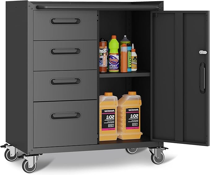 Metal Garage Storage Cabinet on Wheels, Lockable Rolling Tool Cabinet with Drawer and Shelves, Heavy Duty Mobile Steel Cabinet for Garage Warehouse Workshop