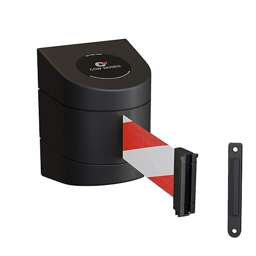 Crowd Control Warehouse - CCW Series WMB-220 Fixed Wall Mount Retractable Belt Barrier - 15 Foot, Red and White Diagonal Belt with Black ABS Case