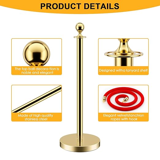 LOVMOR 8 PCS Stainless Steel Stanchion Post Queue 5 ft Red Velvet Rope Red Carpet Ropes and Poles Crowd Control Barriers for Red Carpet Themed Decoration