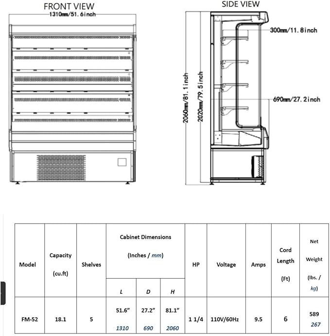 52" Display Refrigerators Open Air Food Refrigerated Display Case for Commercial Bakery Pastry Refrigerated Upright Display Cooler Case for Stores, Supermarkets, Bar, Shops, 36~41℉, Black