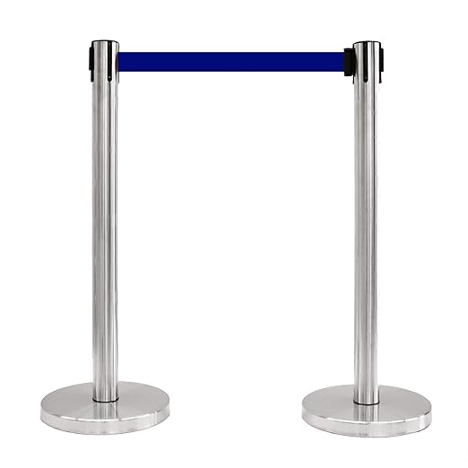 VIP Crowd Control Retractable Belt Stanchion Queue Safety Barrier Set, 36" Ht, 78" Belt + Wall Bracket (6 Satin Stainless Posts Blue Belt + SFrame + WBracket)