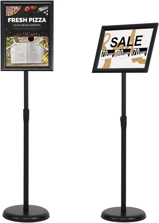 8.5 x 11 Inch Adjustable Pedestal Sign Poster Stand, Heavy Duty Floor Standing Sign Stand Aluminum Snap Open Display Frame for Vertical and Horizontal View Sign Displayed(Black)