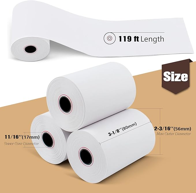 (50 Rolls) 3 1/8" x 119' Thermal Paper, POS Receipt Paper for Retail Business Cash Register, Fits Most Credit Card Terminal