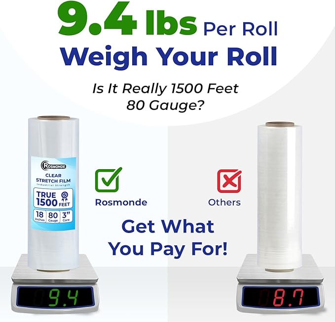 Rosmonde 1 Pack 18" Plastic Wrap, 80 Gauge Thick 9.4 lbs/Roll Wrap, Shrink Wrap, True 1500 ft Pallet Stretch Wrap, 20 Microns Industrial Strength Film, Puncture Resistant for Pallet Wrapping & Moving
