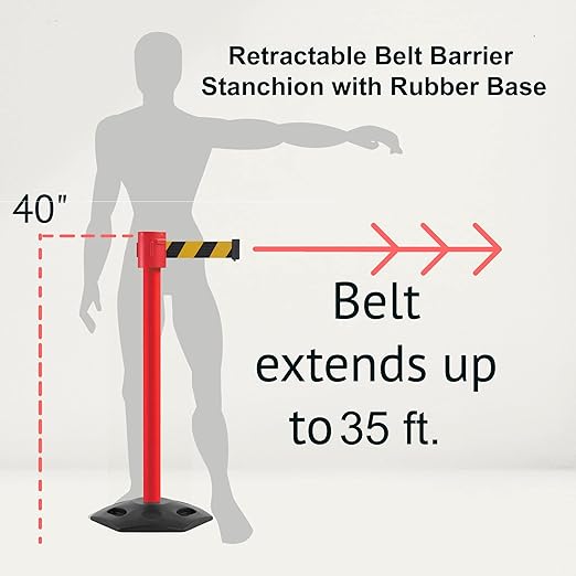 Montour Line MSR760 Set of 2 Retractable Belt Barrier Stanchion, Rubber Base, Red Post (35 ft Yellow with"Beware Open Pit" Black Letter Open Pit Logo Belt)