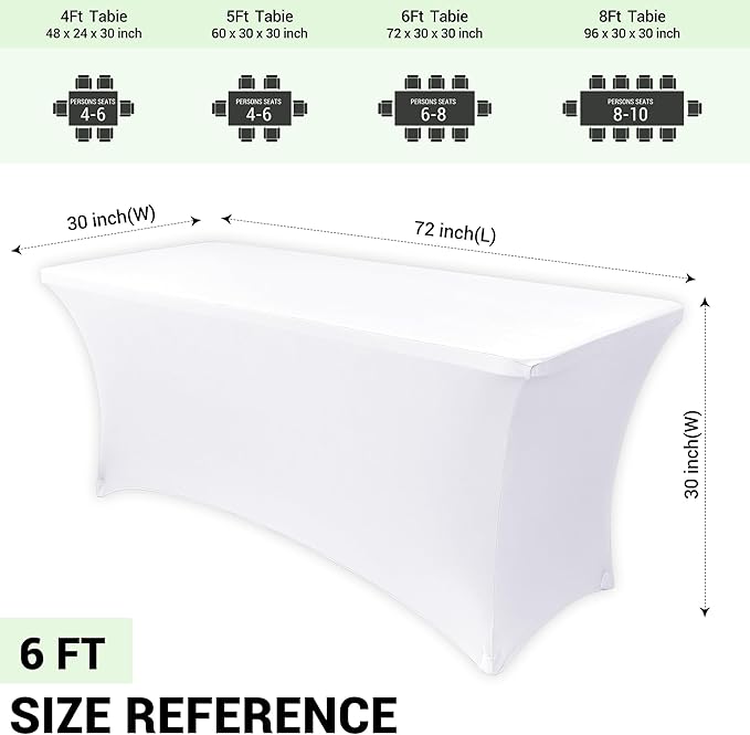 Obstal 6 Pack Stretch Spandex Table Covers for 6 Foot Tables - 6 FT Universal Rectangular Fitted Tablecloth Protector for Wedding, Banquet, Party (White, 72 Length x 30 Width x 30 Height Inches)