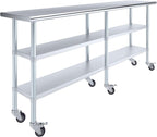 AmGood Stainless Steel Work Table with 2 Shelves and Casters | Metal Utility Table On Wheels (Stainless Steel Work Table with 2 Shelves + Casters, 84" Long x 18" Deep)
