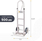 Heavy Duty Hand Truck with Vertical Loop Handle - Aluminum Dolly Cart for Moving - 500 Pound Capacity - 10" Rubber Wheels - 52.25" H x 17.5" W with 17.75" x 9.5" Diecast Nose Plate