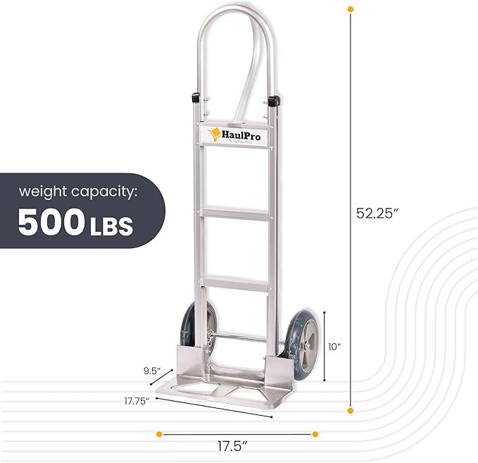 Heavy Duty Hand Truck with Vertical Loop Handle - Aluminum Dolly Cart for Moving - 500 Pound Capacity - 10" Rubber Wheels - 52.25" H x 17.5" W with 17.75" x 9.5" Diecast Nose Plate