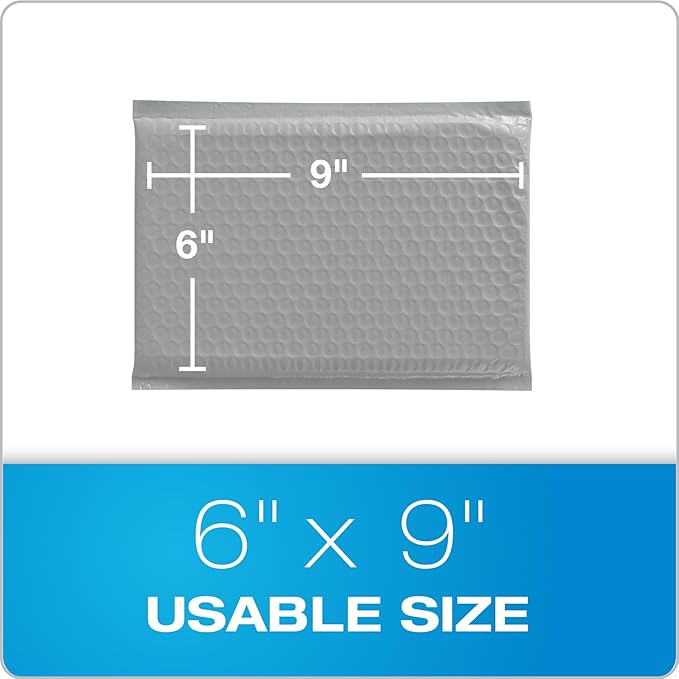 Quality Park Bubble Mailers, 6" x 9", Gray Poly Mailers, Padded Envelopes, Shipping Bags, Water Resistant, Self Seal, 50 Per Box (QUA85911)