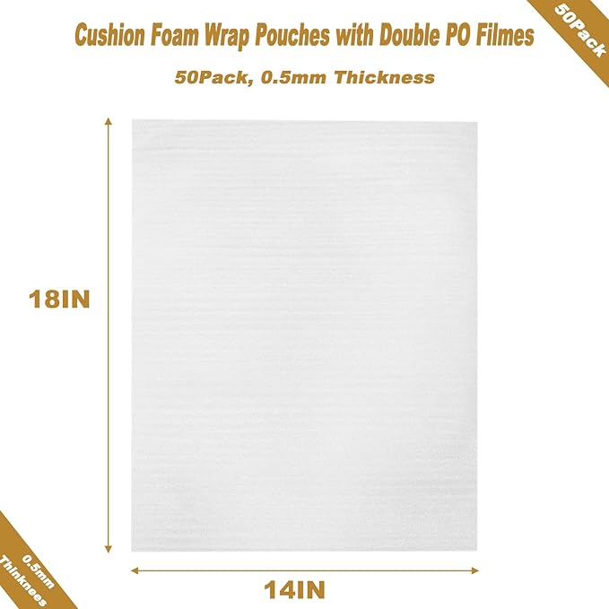 50 Pack 14'' x 18'' Large Cushion Foam Pouches, Foam Wrap Pouches for Extra Protect Fragile Items, Cushioning Packing Foam Pouches for Shipping, Moving and Storage(350x450x0.5MM)