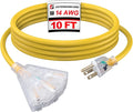 EP 10 Ft Lighted Outdoor Extension Cord with 3 Electrical Power Outlets - 14/3 SJTW Heavy Duty Yellow Extension Cable with 3 Prong Grounded Plug - Power Cord for Lawn, Garden, Appliances