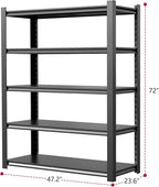 48" W Garage Storage Shelves 2500LBS Heavy Duty Garage Shelving 5 Tier Adjustable Shelving Unit Metal Storage Rack for Basement Warehouse Supermarket 23.6" D x 47.2" W x 72" H
