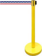Retractable Stanchion, 6 SPECIALTY Posts + Signframe, 36" Ht, 78" Special Event & Holiday Theme Belt + Bonus Replacement Cassettes + Wall Receiver (YEL Post/July 4th Flag Belt)