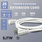 EP 25 Ft Outdoor Extension Cord, 12/3 SJTW Heavy Duty Extension Cable with 3 Prong Grounded Plug, 15 AMP Power Cord for Lawn, Garden, Appliances, White
