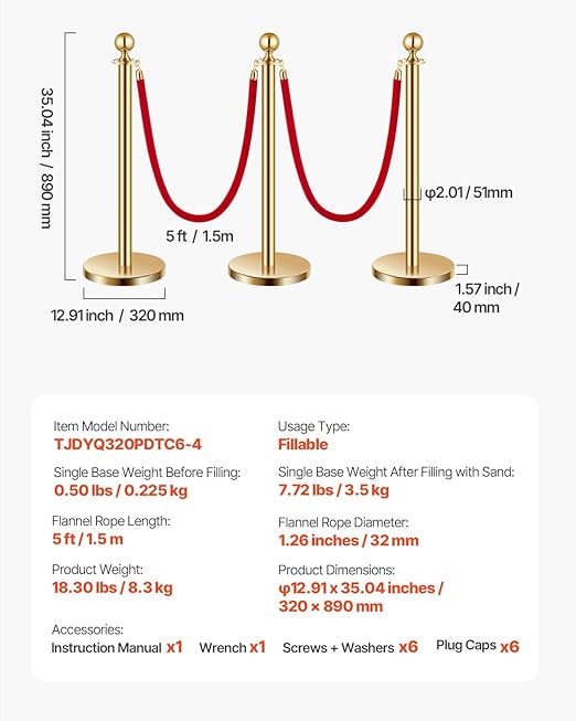 VEVOR Stanchions and Velvet Ropes 6Pcs, Hollow Base with Stainless Steel Post, 4 Red Velvet Ropes and Posts, Crowd Control Barriers Gold Stanchions, Red Carpet Runner Poles for Party Supplies