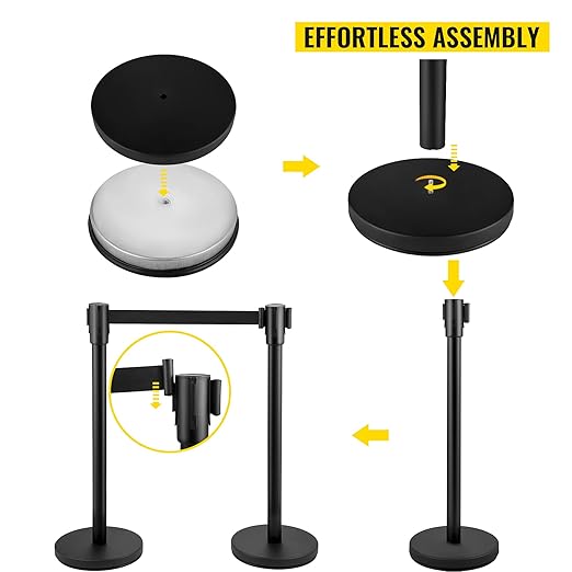VEVOR Crowd Control Stanchion, Set of 8 Pieces Stanchion Set, Stanchion Set with 6.6 ft/2 m Black Retractable Belt, Black Crowd Control Barrier w/Concrete and Metal Base - Easy Connect Assembly