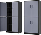71” Metal Storage Cabinet-Lockable File Garage Tool Cabinets with Doors and Shelves- Gray&Black Steel Cabinet for Garage-Heavy Duty File Storage for Home, Office, Gym, Kitchen, School