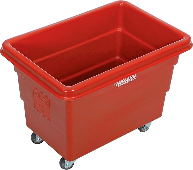 Global Industrial 6 Bushel Plastic Bulk Box Truck, Direct Mount Base, 500 lbs. Capacity, 3" Non-Maring Rubber Casters, Red, 33-2/5"L x 23" W x 24-1/2"H