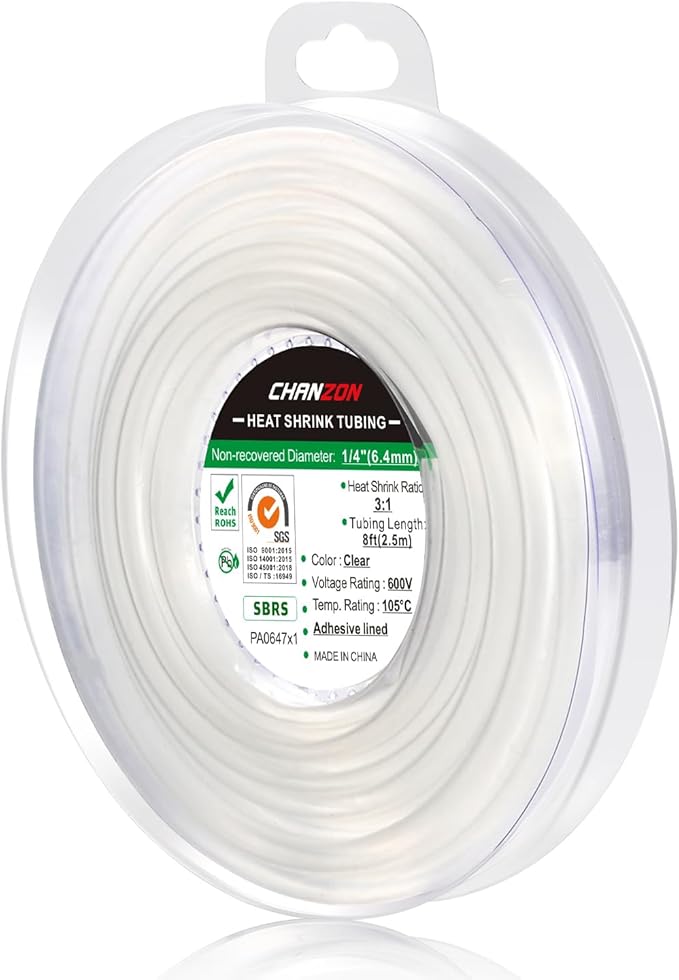 Chanzon 3:1 Ratio 1/4" (6.4mm) Heat Shrink Tubing - Marine Grade Waterproof Adhesive Lined - 8Ft Roll (2.5M Total Length) Clear/Transparent Polyolefin Sleeving Wrap Shrinking 3 to 1 Ratio 1pcs