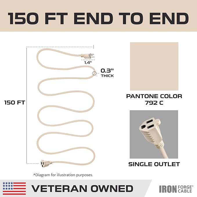 Iron Forge Cable Weatherproof 150 Ft Outdoor Extension Cord - 16/3 SJTW Heavy Duty Light Brown Extension Cord 3 Prong - 10 Amp Exterior Power Cable