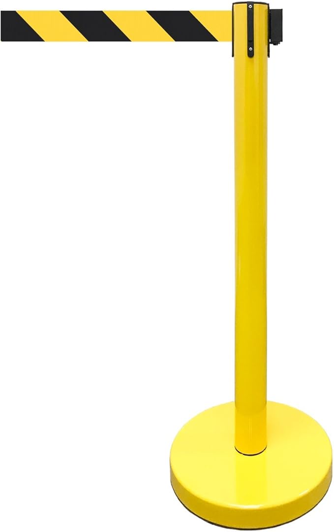 Retractable Stanchion, 6 SPECIALTY Posts + Signframe, 36" Ht, 78" Special Event & Holiday Theme Belt + Bonus Replacement Cassettes + Wall Receiver (YEL Post/Blk&Yel Belt)