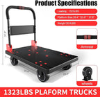 WUD Heavy-Duty Folding Platform Cart – Reinforced 35.4″ × 23.6″, 1323 lb Capacity, 360° Swivel Wheels, Black