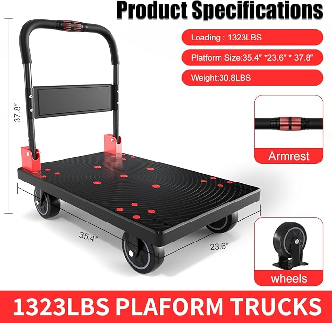 WUD Heavy-Duty Folding Platform Cart – Reinforced 35.4″ × 23.6″, 1323 lb Capacity, 360° Swivel Wheels, Black