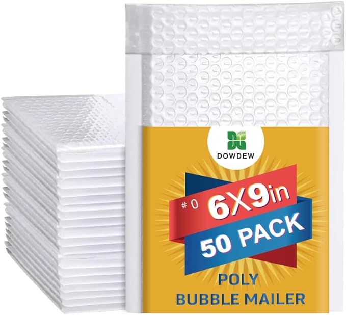 Water Resistant Bubble Envelope Mailers [50 Pack] 6 inch x 9 inch #0 White Poly Padded Shipping Envelopes Self Sealing Cushioned Packaging Bags