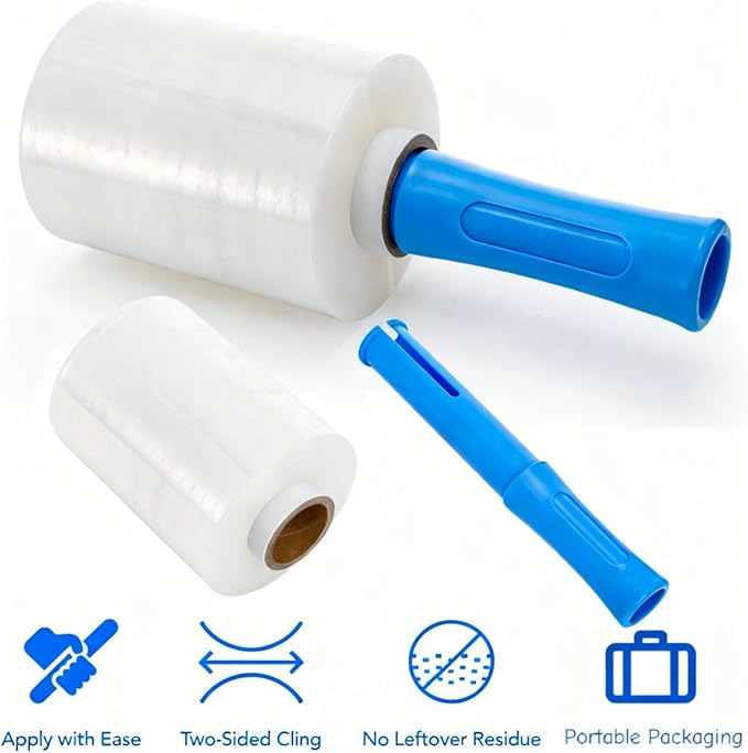 3 Pack 5" x 1000ft Clear Industrial Stretch Wrap Film, 100 Gauge Mini Plastic Wrap with Handle, Heavy Duty Stretch Film Roll, Thick Cling Pallet Wrap for Packing, Moving Supplies, Packaging