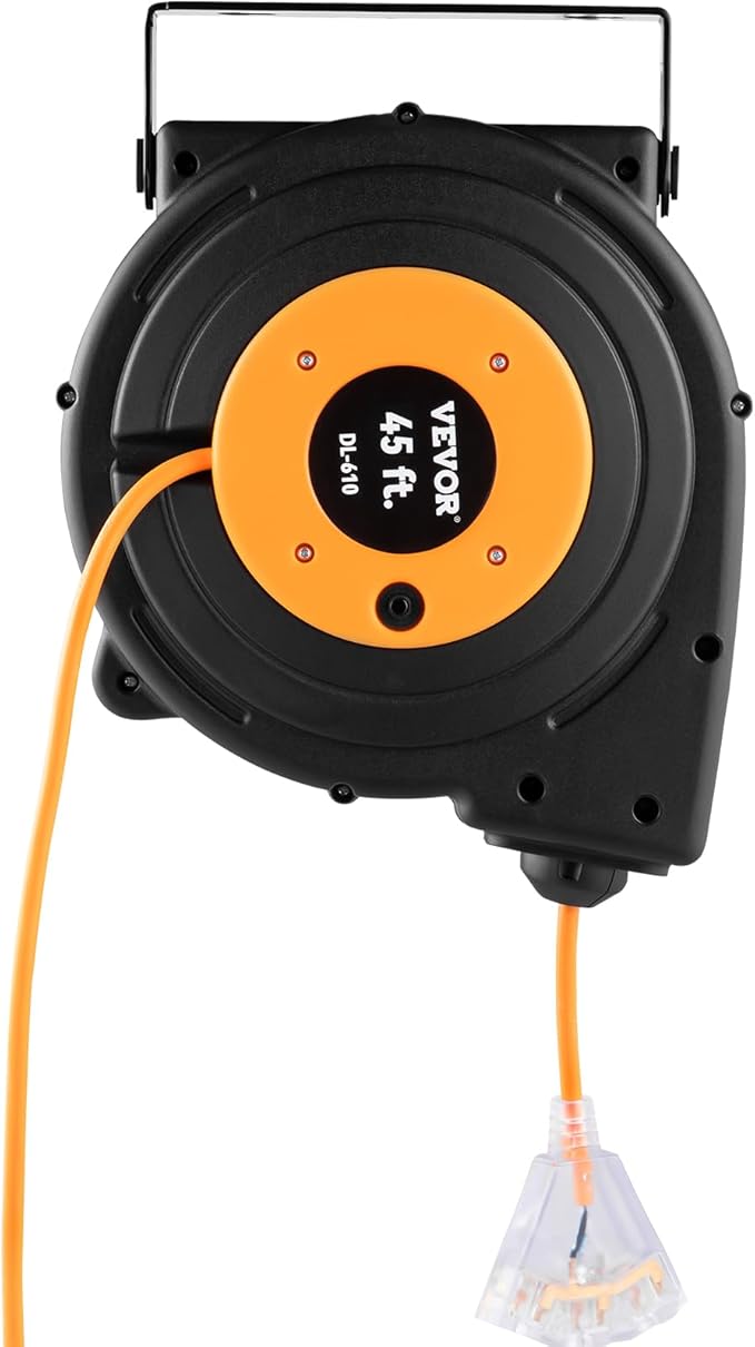 VEVOR Retractable Extension Cord Reel, 50 FT Heavy Duty 14AWG/3C SJTOW Power Cord with Lighted Triple Tap Outlet, 13 Amp Circuit Breaker, 180° Swivel Bracket for Ceiling or Wall Mount