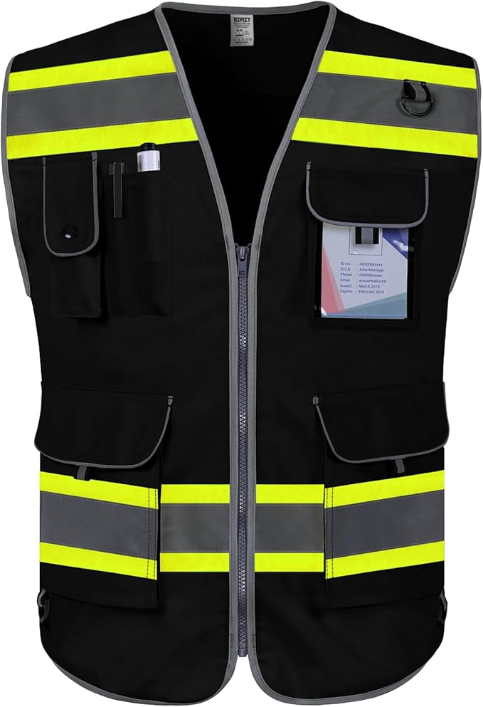 TCCFCCT High Visibility Vest 9 Pockets Hi Vis Reflective Safety Vest for Men Women, Surveyor Work Vest with Fluorescent Yellow Extend Edge, Durable, Breathable, Meets ANSI/ISEA, (DB-Black, Small)