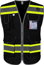 TCCFCCT Black Safety Vest for Men Women 9 Pockets Mesh High Visibility Reflective Vest for Safety, Work Vest with Reflective Strips, Meets ANSI/ISEA Standards, DB-5X-Large
