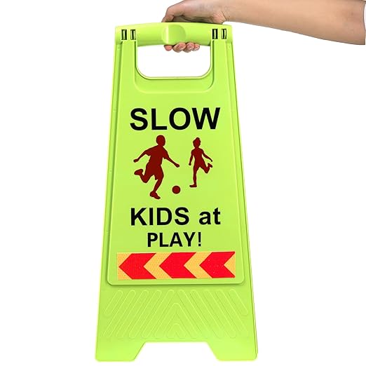3 Pack Slow Kids at Play Sign, Children Playing Sign for Street with Reflective Tapes Handle, 24 Inch High Visibility Green Kids Pets Caution Warning for School, Sidewalk, Driveway, Park