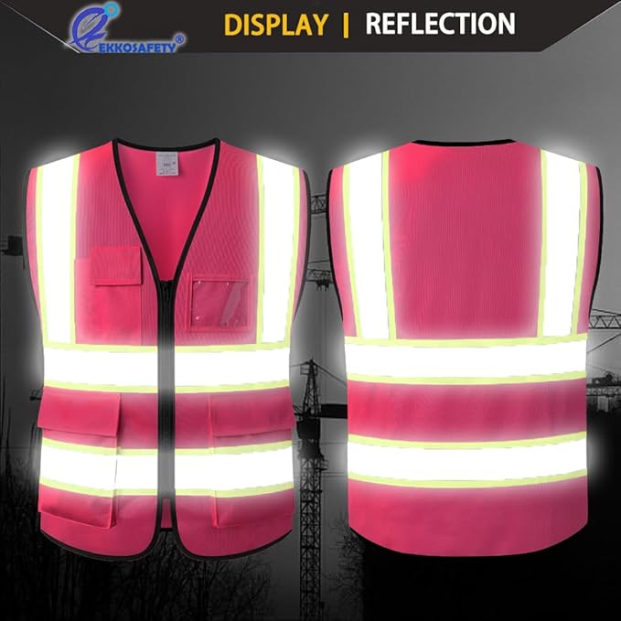 High Visibility Safety Vests Reflective with 5 Pockets and Zipper Hi Vis Construction Work Vest for Men Women,Meets ANSI/ISEA Standards(EK175-Pink-3XL)